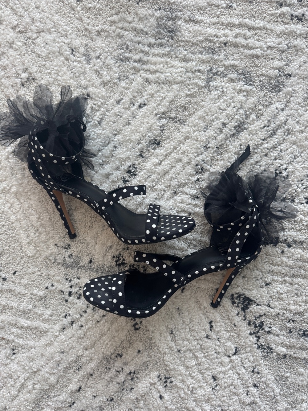 Black Polka Dot Ankle-Tie Heels with Tulle Accent